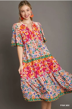 Mixed Floral Print Round Neck Maxi Dress