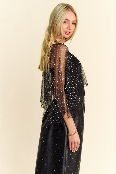 Pearl and Rhinestone Embellished Mesh Topper Cape