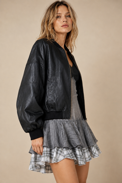 J.NNA - Cropped Faux-Leather Bomber Jacket