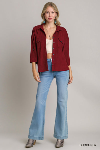 Burgundy Suede Button Up Top