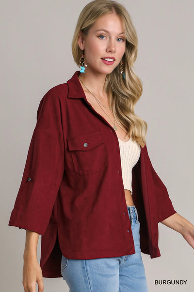 Burgundy Suede Button Up Top