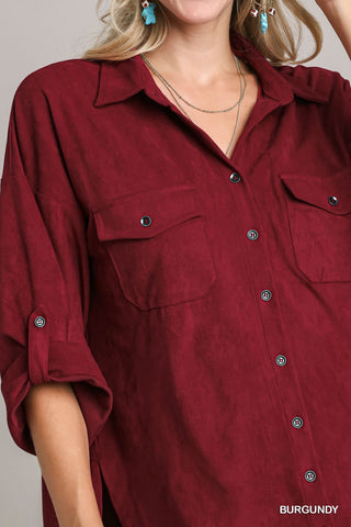 Burgundy Suede Button Up Top