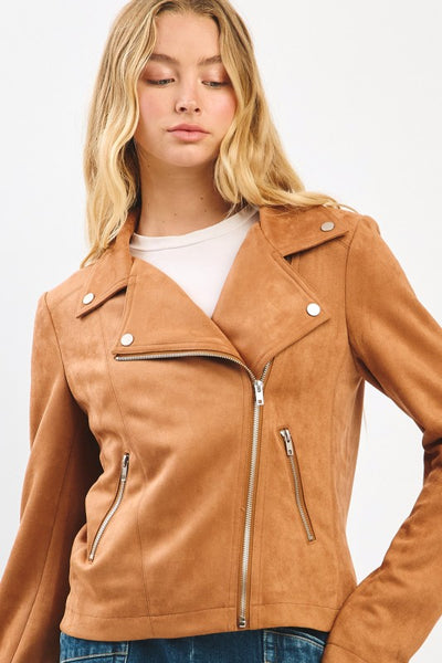Vegan Suede Moto Biker Jacket - Camel