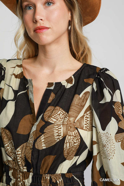 Fall Floral Abstract Print Dress With Smocked Waist