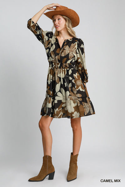 Fall Floral Abstract Print Dress With Smocked Waist