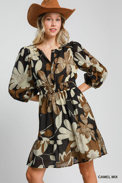 Fall Floral Abstract Print Dress With Smocked Waist