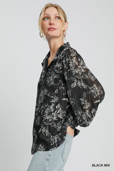 Lurex Floral Print Collared Top