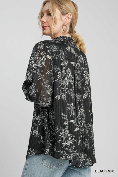 Lurex Floral Print Collared Top