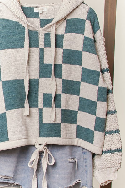 Hooded Olive Checkered Drawstring Sweater