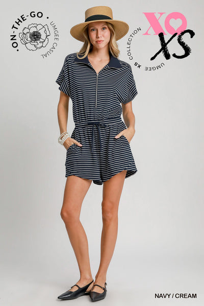 Navy Striped Half Zip Romper