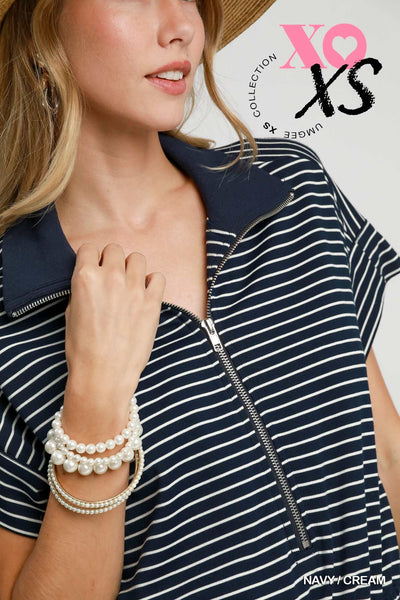Navy Striped Half Zip Romper