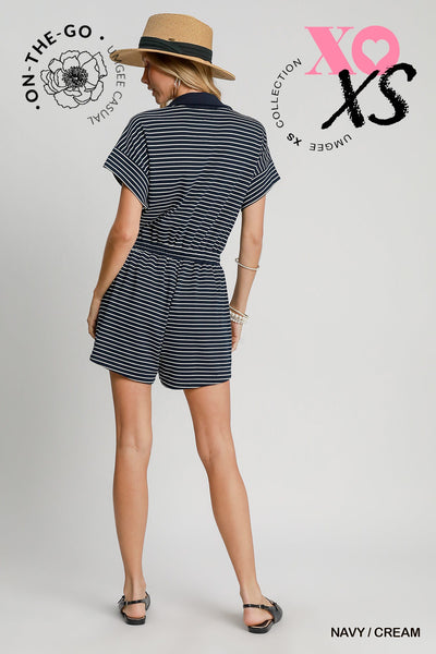Navy Striped Half Zip Romper