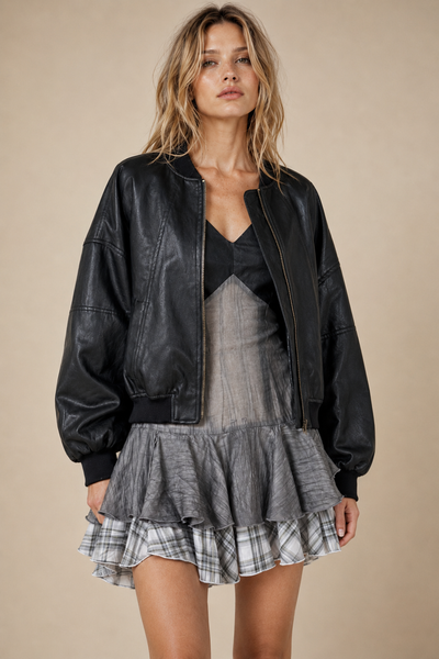 J.NNA - Cropped Faux-Leather Bomber Jacket