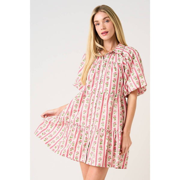 mittoshop - FLORAL STRIPE PRINT TIERED MINI SHIRT DRESS