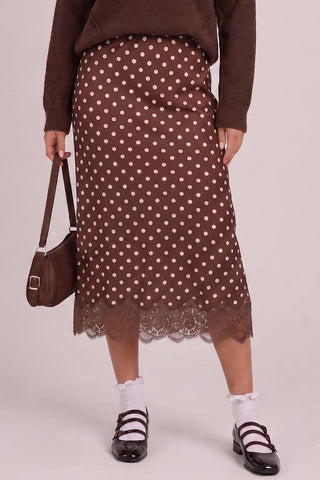 VERY J - NS50228-Polka Dot Lace Trim Satin Midi Skirt
