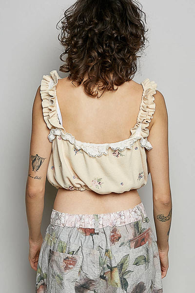 Pol Clothing - Square Neck Denim Thermal Embroidery Ruffle Crop Top