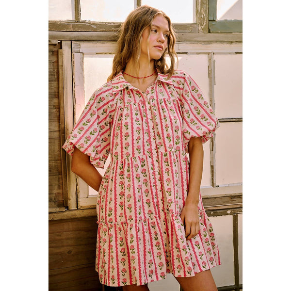 mittoshop - FLORAL STRIPE PRINT TIERED MINI SHIRT DRESS