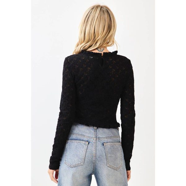 mittoshop - LACE LONG SLEEVE CURVED HEM CROP TOP