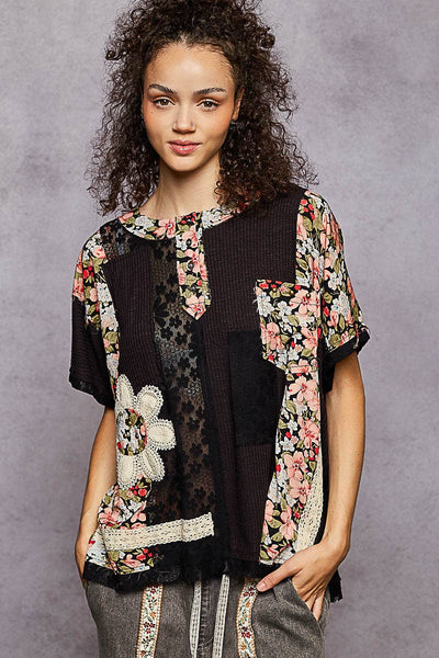 Pol Clothing - Unique Patchwork Lace Floral Knit Short Sleeve Top SALE