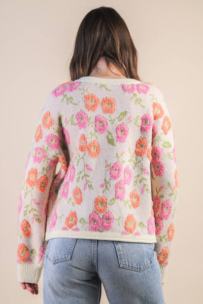 VERY J - 12W3428N-Oversized Floral Textured Printed Knit Sweater Top
