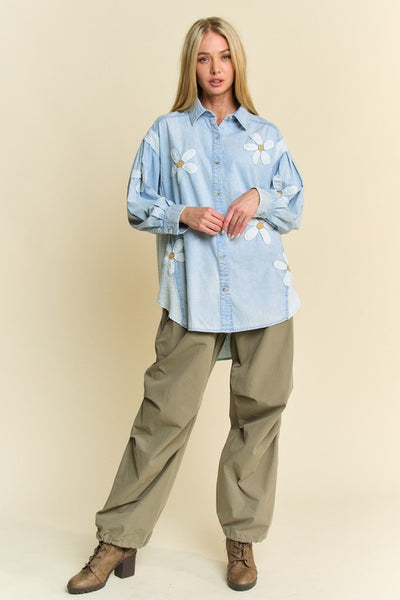 Chambray Fun Daisy Patched Waffle Knit Contrast Top