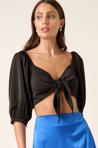 Satin Tie Front Crop Blouse - Black
