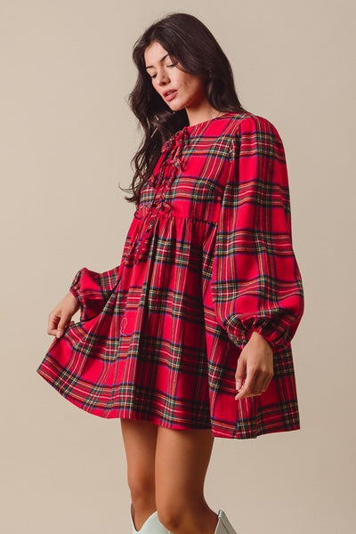 Holiday Plaid Front Tie Mini Dress