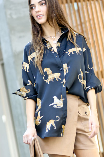 Cheetah Button Down Satin Shirt