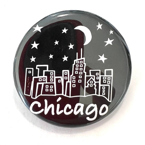 Mary Ellis - Chicago Button Night Skyline 1.25" Mini Pin | Chicago Gift