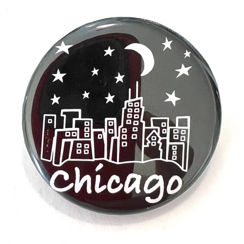 Mary Ellis - Chicago Button Night Skyline 1.25" Mini Pin | Chicago Gift