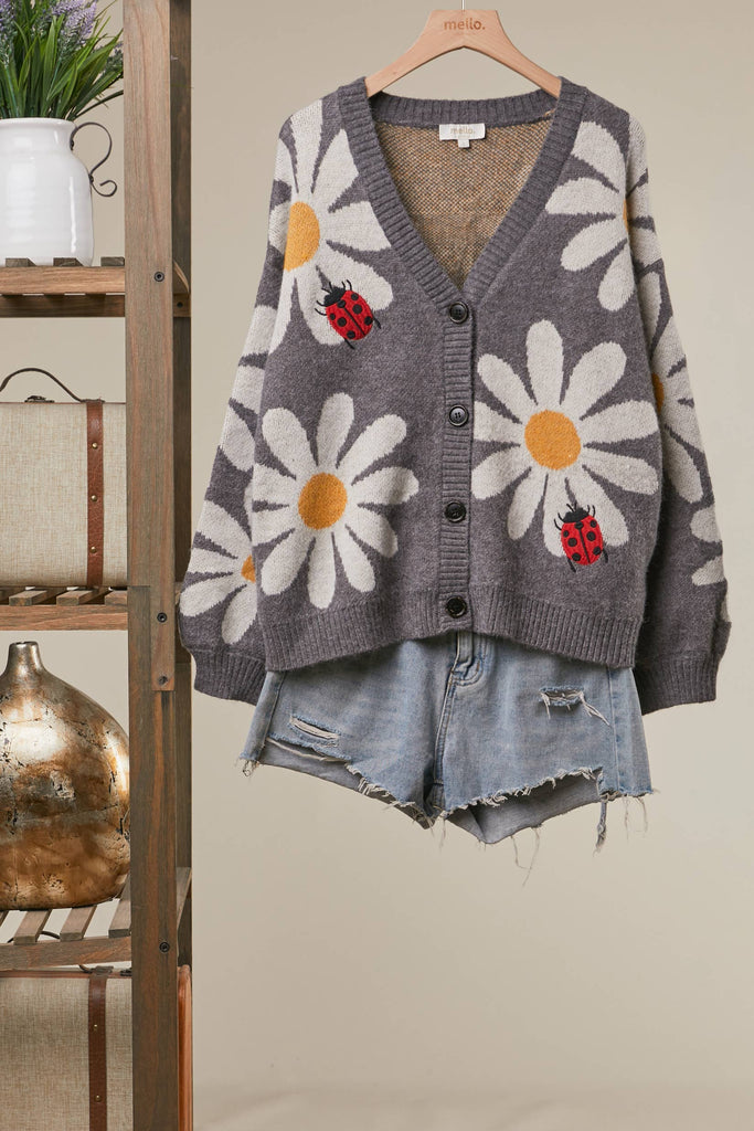 Mello. - Embroidered Ladybug and Daisy Knit Cardigan