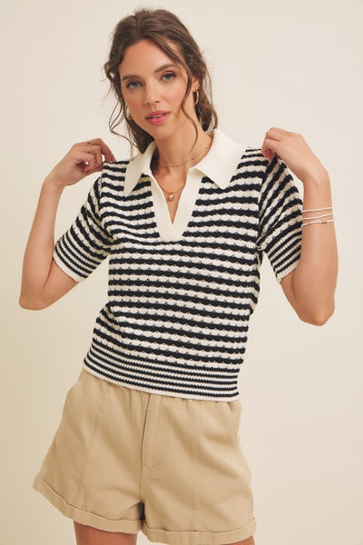 Textured Cotton Collared Striped Sweater Top