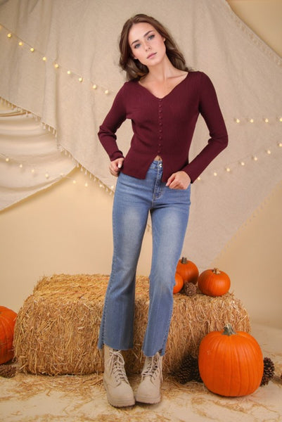 Button Down Fitted Knit Sweater Top - Multiple Colors