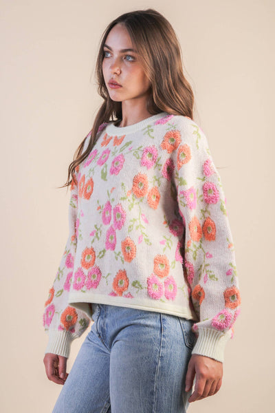 VERY J - 12W3428N-Oversized Floral Textured Printed Knit Sweater Top