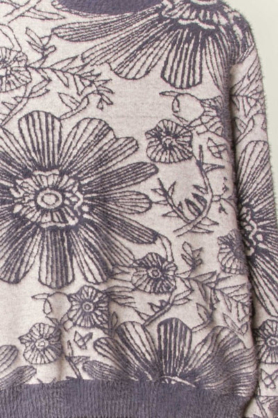Grey Contrast Trim Crew Floral Knit Sweater