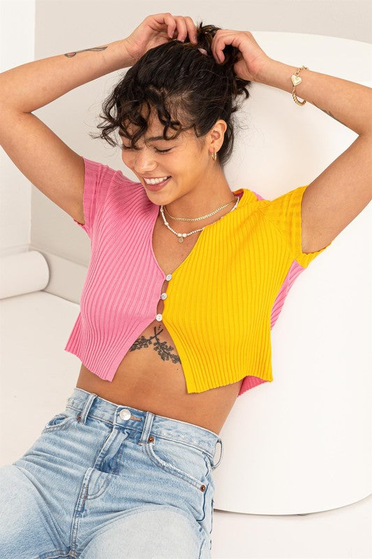 So Chill Colorblock Button Front Cropped Cardigan