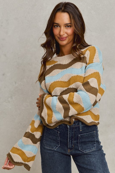 Taupe And Blue Wavy Multi Color Stripe Sweater