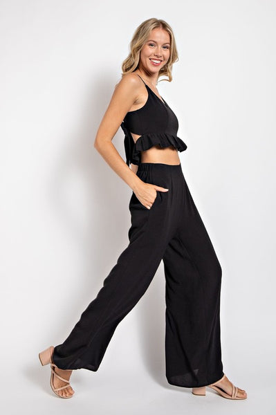 Cropped Ruffle Top & Wide Leg Pants Set - Black