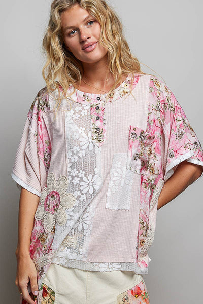 Pol Clothing - Unique Patchwork Lace Floral Knit Short Sleeve Top SALE