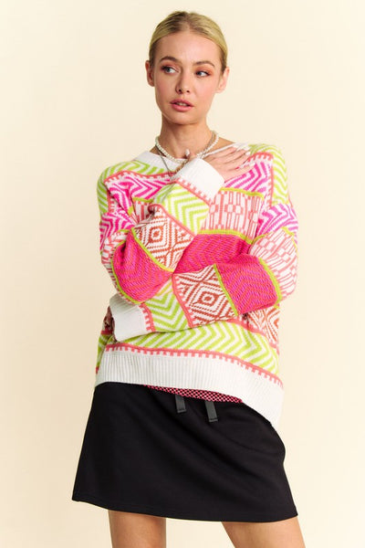Neon Pink & Green Mixed Pattern Sweater