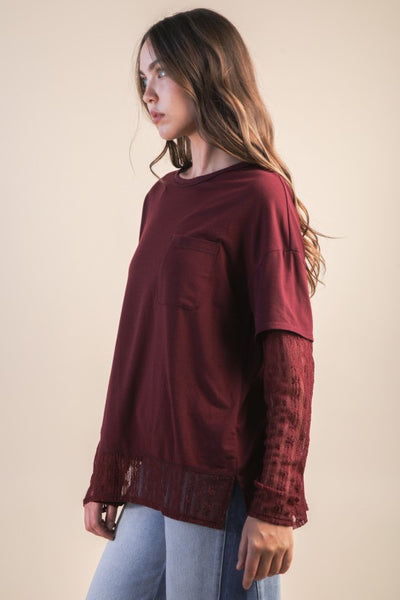 Oversized Casual Knit Top With Lace - Wine