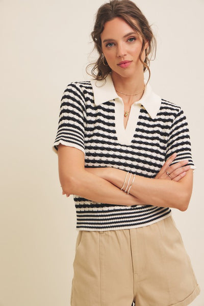 Textured Cotton Collared Striped Sweater Top