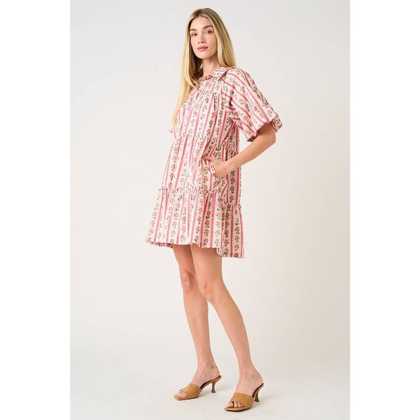 mittoshop - FLORAL STRIPE PRINT TIERED MINI SHIRT DRESS