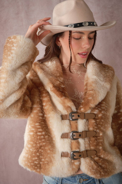 Blue B - 25004J Buckled Deer Print Faux Fur Jacket