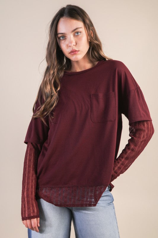 Oversized Casual Knit Top With Lace - Wine