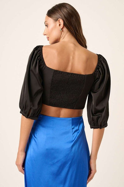 Satin Tie Front Crop Blouse - Black