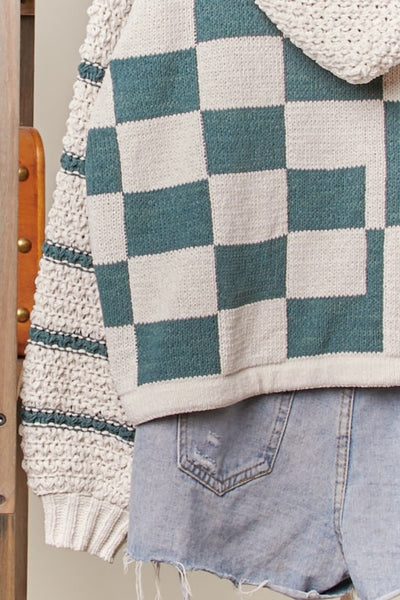 Hooded Olive Checkered Drawstring Sweater