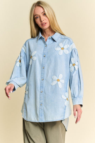 Chambray Fun Daisy Patched Waffle Knit Contrast Top
