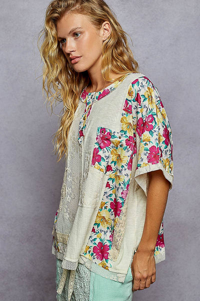 Pol Clothing - Unique Patchwork Lace Floral Knit Short Sleeve Top SALE