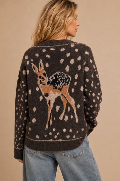 J.NNA - FAWN ARTWORK PRINT BUTTON DOWN CARDIGAN